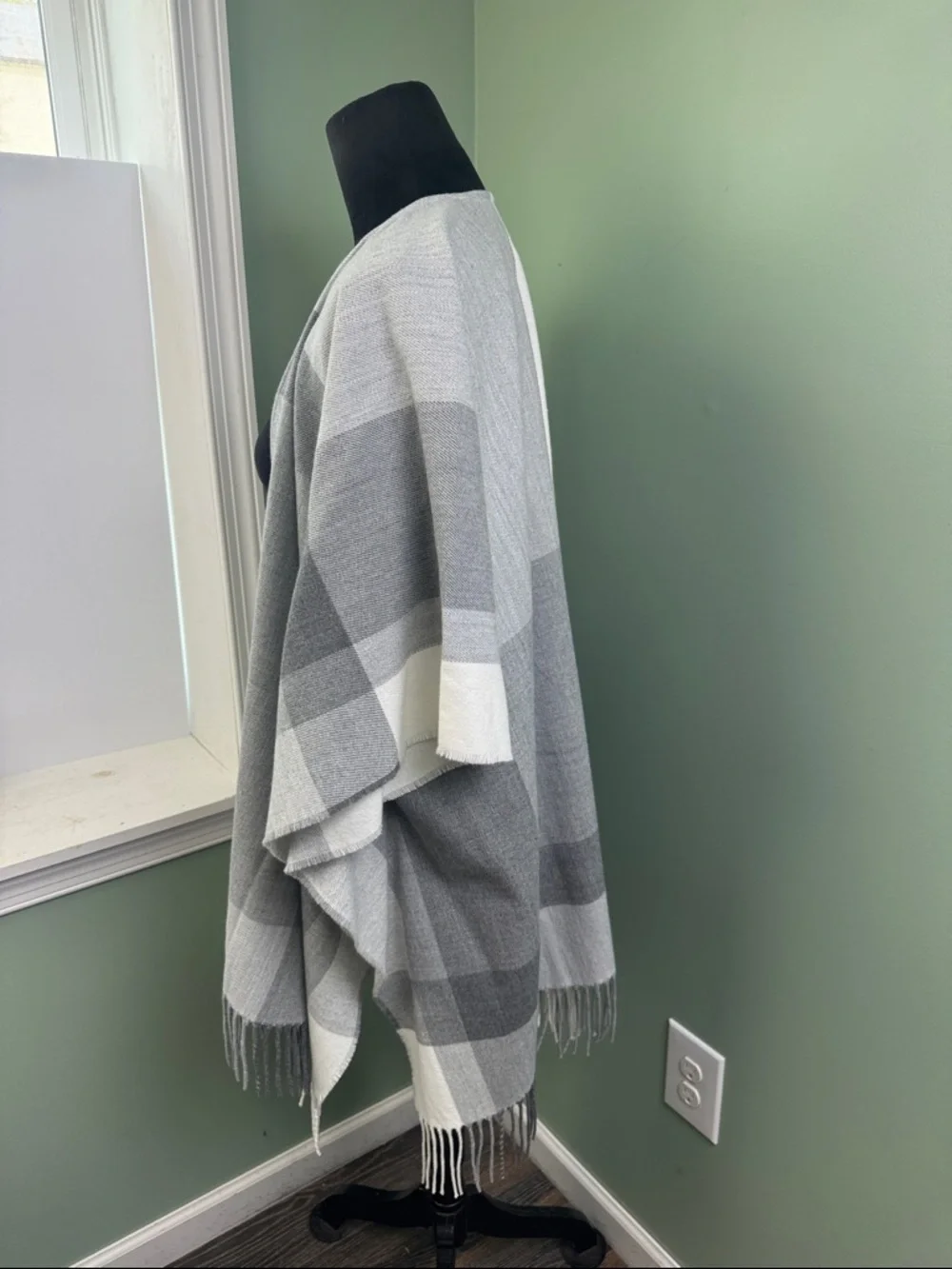 a new day Gray Plaid Fringe Poncho Wrap